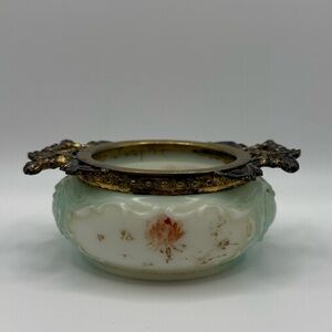 Milk Glass Antique Wavecrest Signed Handpainted Trinket Dish Pin Holder